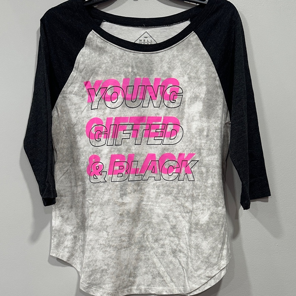 Well Worn  Raglan Tee - Black and Gray with Pink Text